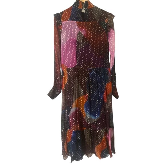 Rare Oliphant Drop Waist Smocked Neck Art Navy Print Maxi Dress S Oversized Boho - Picture 5 of 11